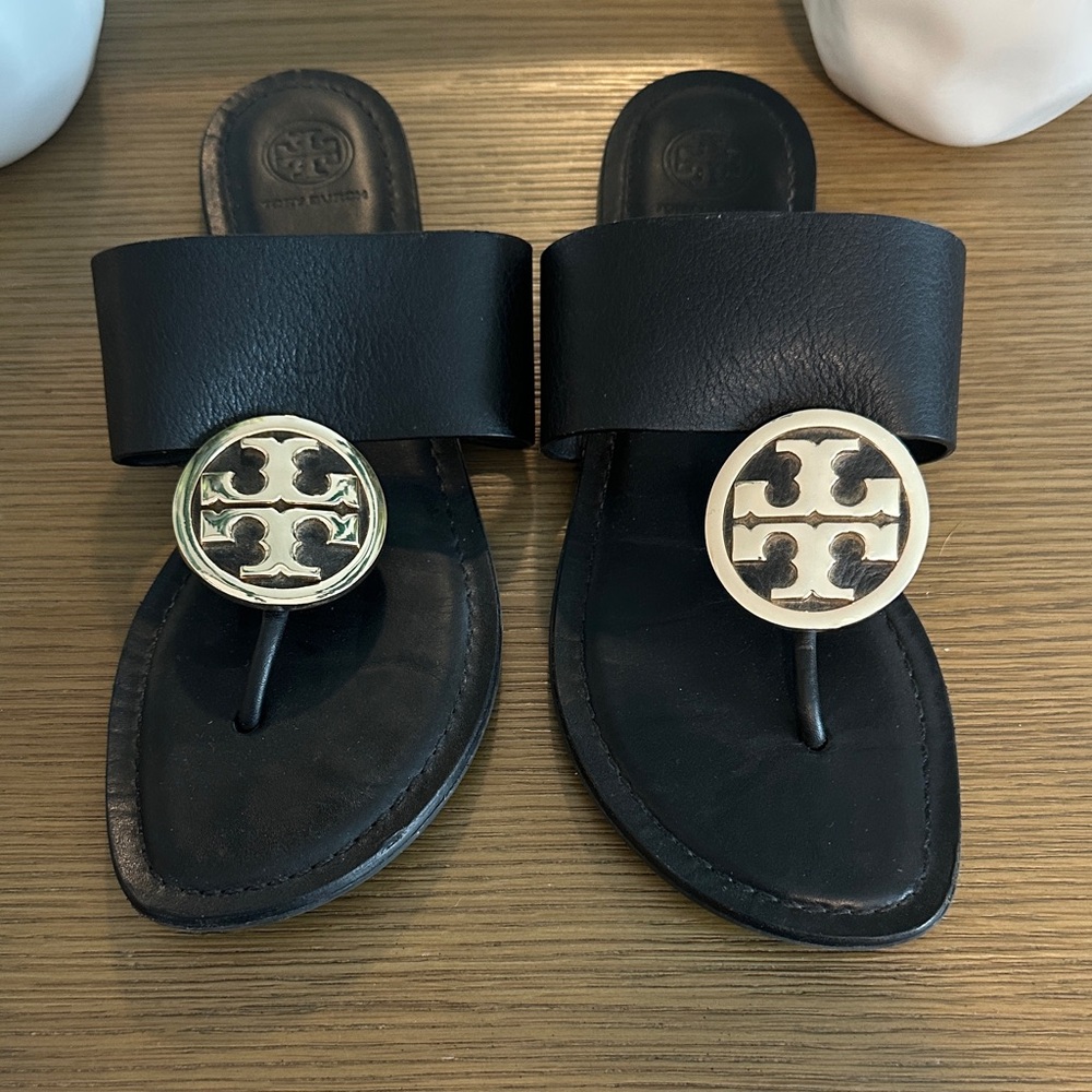 Tory Burch Black Sandals with Gold Emblem